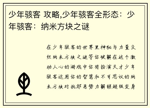 少年骇客 攻略,少年骇客全形态：少年骇客：纳米方块之谜
